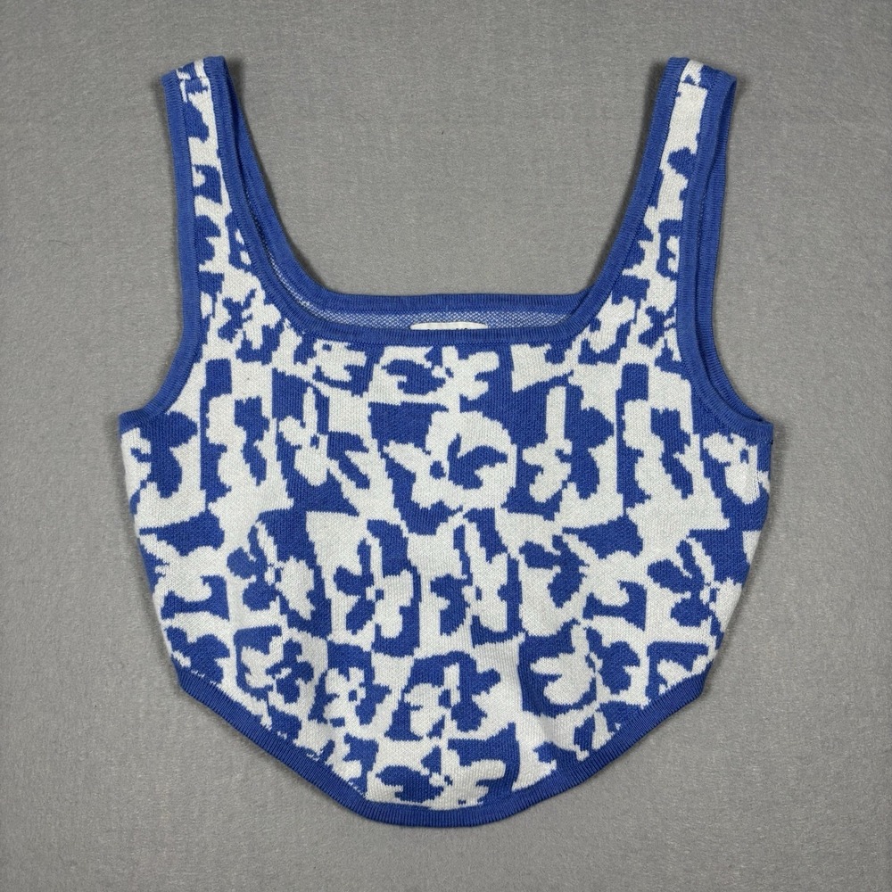 American Eagle Retro Tank Crop Top Blue White Patterned Size Medium‎ Casual